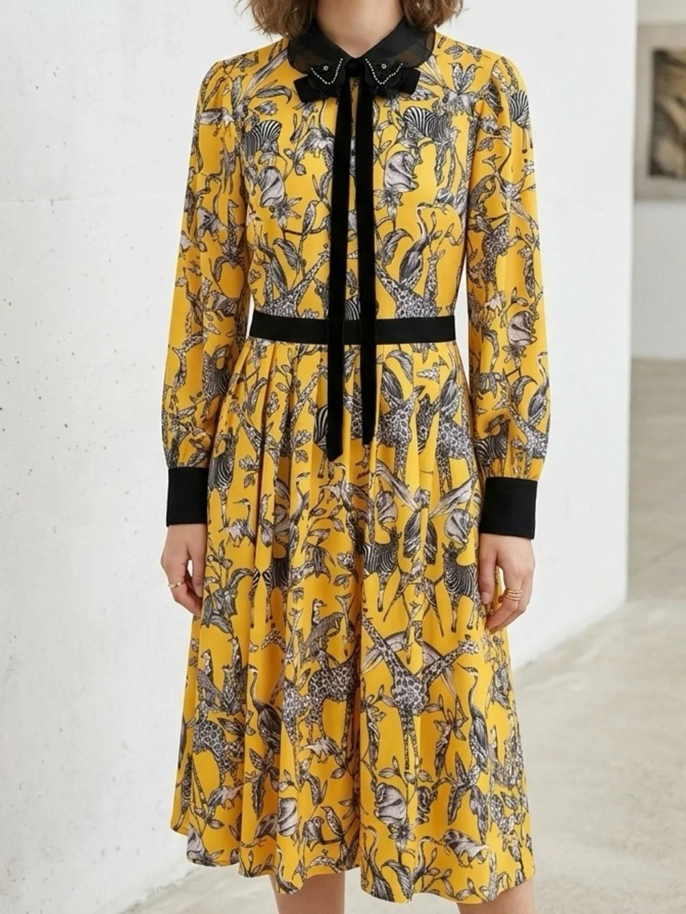 Retro Yellow Animal Safari Midi Dress Beaded Medium WhimsiGoth Academia THE MOON - Picture 1 of 16